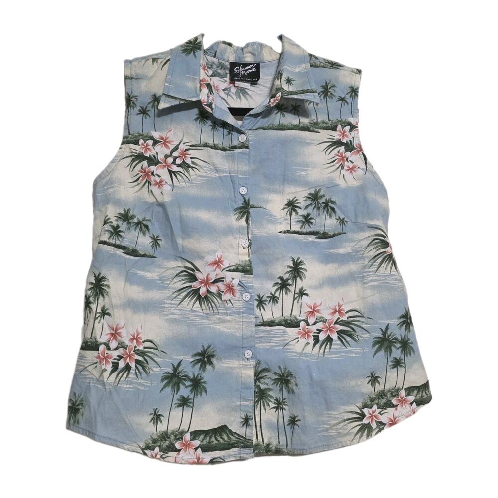 Vintage Made In Hawaii Floral Blouse Womens L Tropical Sleeveless Button Up USA